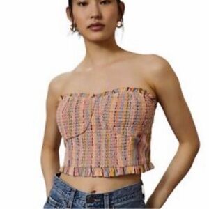 Pilcro by Anthropologie Strapless Smocked Crop Top in Peach Multi size small